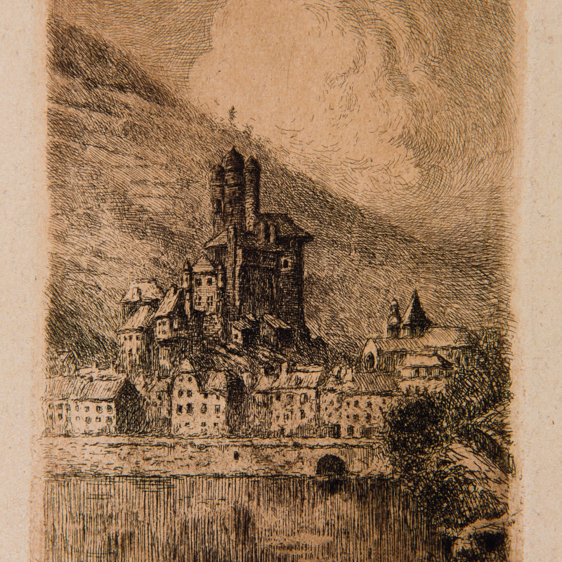 Eugène Viala, le château d'Estaing, eau forte, coll. particulière. - Pierre Soisson